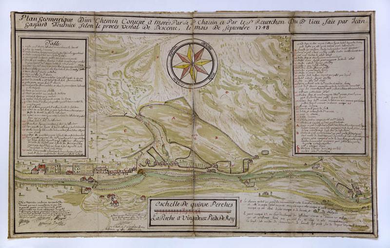 Plan géométrique d'un chemin contesté à Morez par le Sr Chavin et par le Sr Reverchon dud[it] lieu, fait par Jean Gaspard Fournier selon le procès-verbal de descente, le mois de septembre 1748.