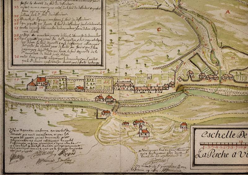 Plan géométrique d'un chemin contesté à Morez [détail : le quartier de la place du Marché (place Lissac, quai Lamy, rues Hugo et de la République)], 1748.
