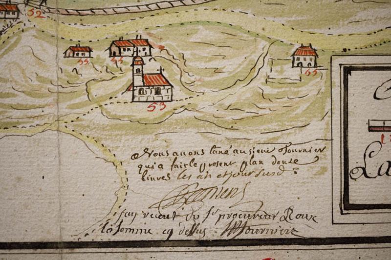 Plan géométrique d'un chemin contesté à Morez par le Sr Chavin et par le Sr Reverchon dud[it] lieu, fait par Jean Gaspard Fournier selon le procès-verbal de descente, le mois de septembre 1748 [détail].