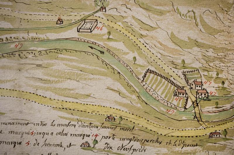 Plan géométrique d'un chemin contesté à Morez [détail : le quartier de la Crochère (rues Gagneur et de la République)], 1748.