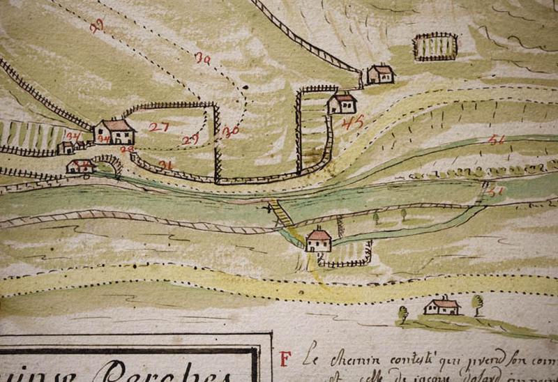 Plan géométrique d'un chemin contesté à Morez [détail : le quartier du Champ du Moine (quai Lamy, rues Gagneur, Poupin et de la République)], 1748.
