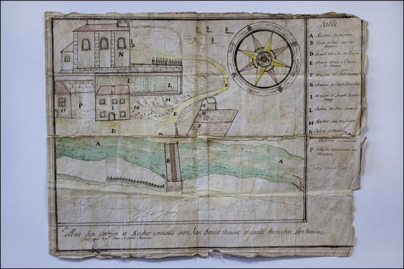 Plan d'un chemin et rocher contestés entre Jean Benoit Clément et Claude Reverchon fort homme, entre 1740 et 1750.
