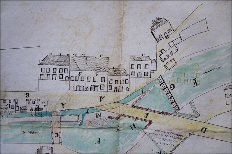 Plan [du moulin Chavin et du quartier de la place du Marché] fait par Pierre Augustin Roche de Morez [détail], 1782.