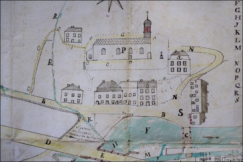 Plan [du moulin Chavin et du quartier de la place du Marché] fait par Pierre Augustin Roche de Morez [détail], 1782.