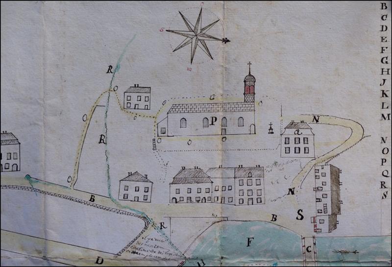 Plan [du moulin Chavin et du quartier de la place du Marché] fait par Pierre Augustin Roche de Morez [détail], 1782.