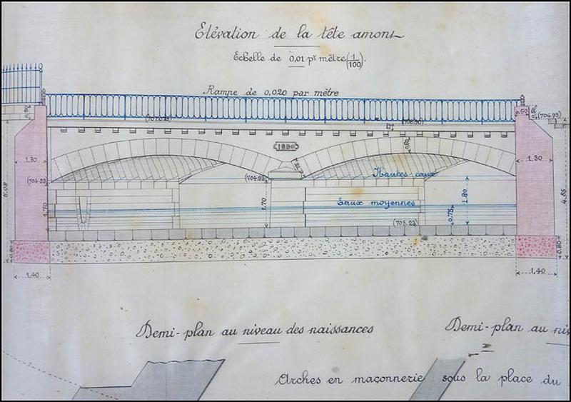 Reconstruction en maçonnerie du pont biais sur la Bienne au point 102 k 150. Plan, coupes, élévation et dessins de détail du pont projeté. Elévation de la tête amont, 1890.