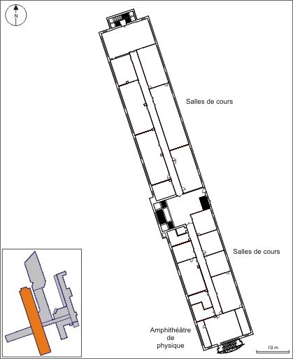 Bâtiment B : plan du 2e étage : fond de plan extrait de la base des lycées (Conseil régional de Franche-Comté), échelle 1:500.