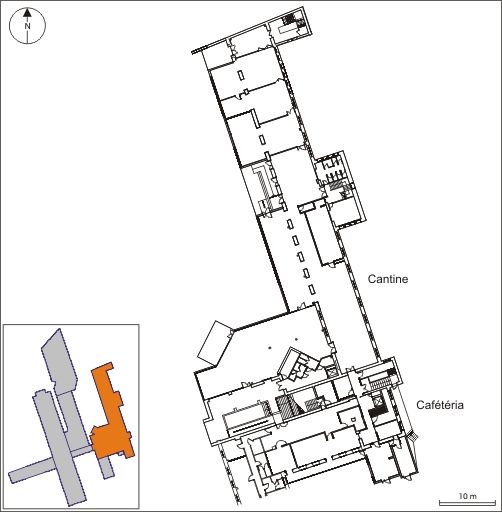 Bâtiment D, plan du rez-de-chaussée : fond de plan extrait de la base des lycées (Conseil régional de Franche-Comté), échelle 1:500.