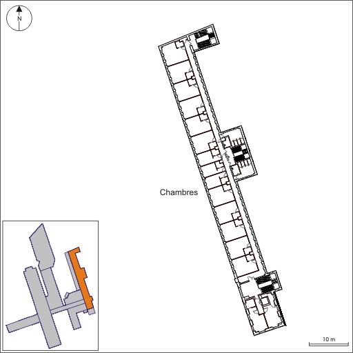 Bâtiment D : plan du 2e étage : fond de plan extrait de la base des lycées (Conseil régional de Franche-Comté), échelle 1:500.