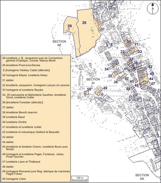Plan de localisation des ateliers de fabrication et des usines : partie centrale.