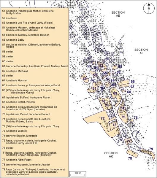 Plan de localisation des ateliers de fabrication et des usines : partie sud.