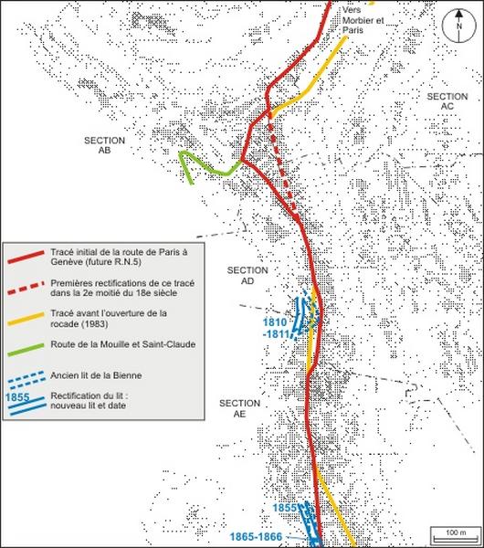 Plan des rectifications du tracé de la route de Paris à Genève et du cours de la Bienne : partie nord.