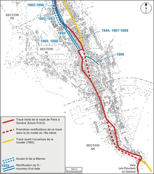 Plan des rectifications du tracé de la route de Paris à Genève et du cours de la Bienne : partie sud.