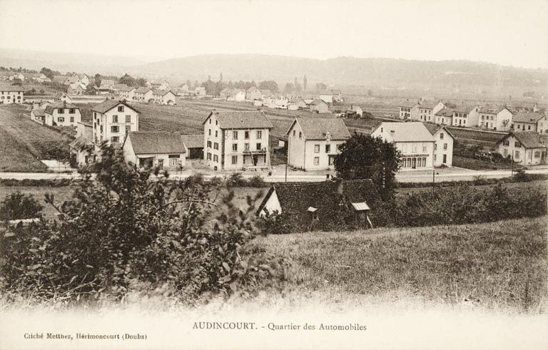 Audincourt. Quartier des automobiles : carte postale, Metthez Photogr., Hérimoncourt, s.d. [fin 19e ou début 20e siècle].