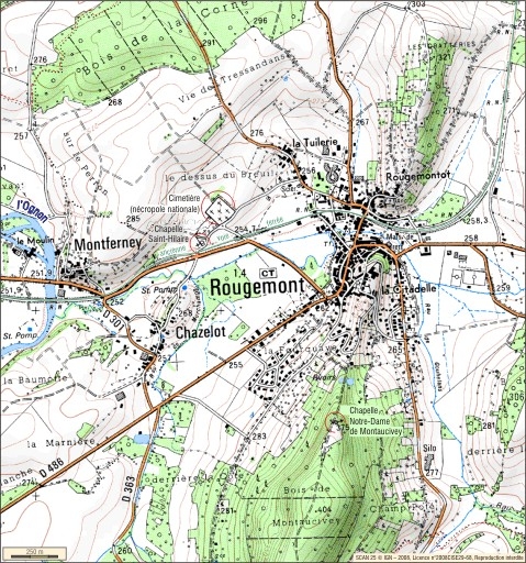 Carte de la commune. Extrait de la carte IGN, échelle 1/25 000 agrandie à 1/15 000.