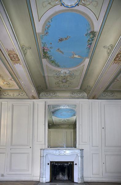 Logis principal, appartement du premier étage, grande pièce sur rue : vue d'ensemble de la cheminée et du décor du plafond.