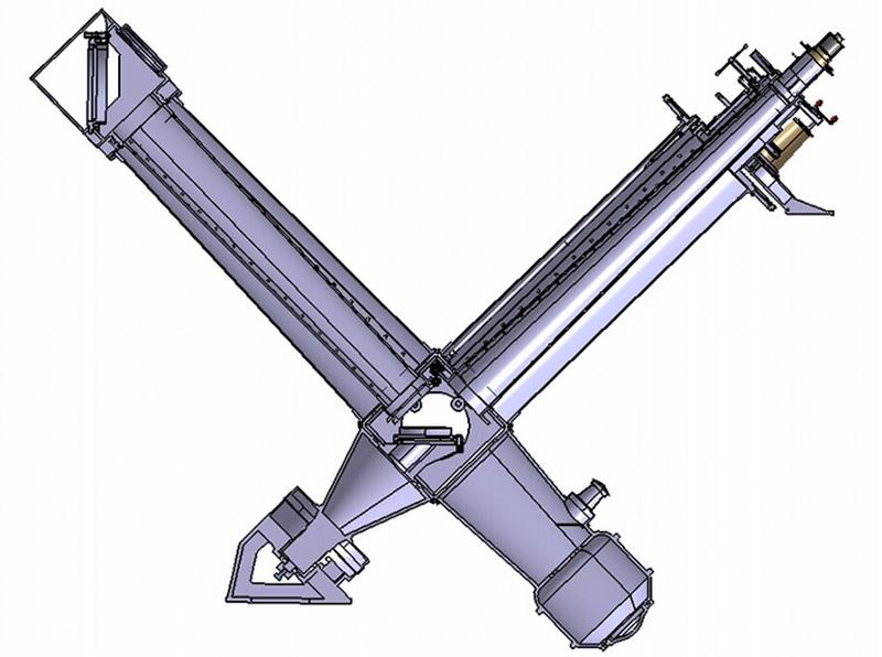 Coupe de la lunette équatoriale coudée, l'instrument étant positionné dans le plan méridien.