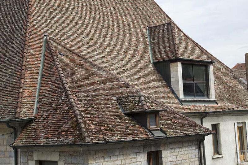 Détail du pan de toiture au-dessus de la façade latérale droite.