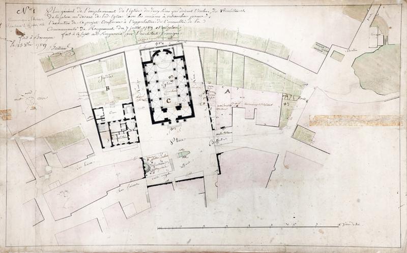 Plan général de l'emplacement de l'église. [Les lettres A, B, C correspondent aux terrains possibles pour ériger l'église. En C, l'édifice de Bertrand, en A, l'endroit d'où sortira de terre celui d'Amoudru].