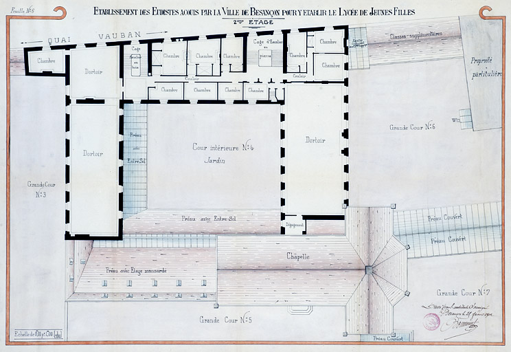 Plan du deuxième étage de l'établissement des Eudistes acquis par la ville de Besançon pour y installer le lycée de jeunes filles. Dessin aquarellé, 1902.