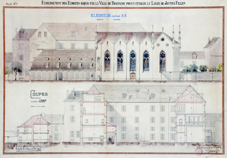 Elévation et coupe de la façade sud de l'établissement des Eudistes acquis par la ville de Besançon pour y installer le lycée de jeunes filles. Dessin aquarellé, 1902.