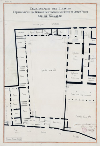 Plan du rez-de-chaussée de la partie ouest de l'établissement des Eudistes acquis par la ville de Besançon pour y installer le lycée de jeunes filles. Dessin aquarellé, 1902.