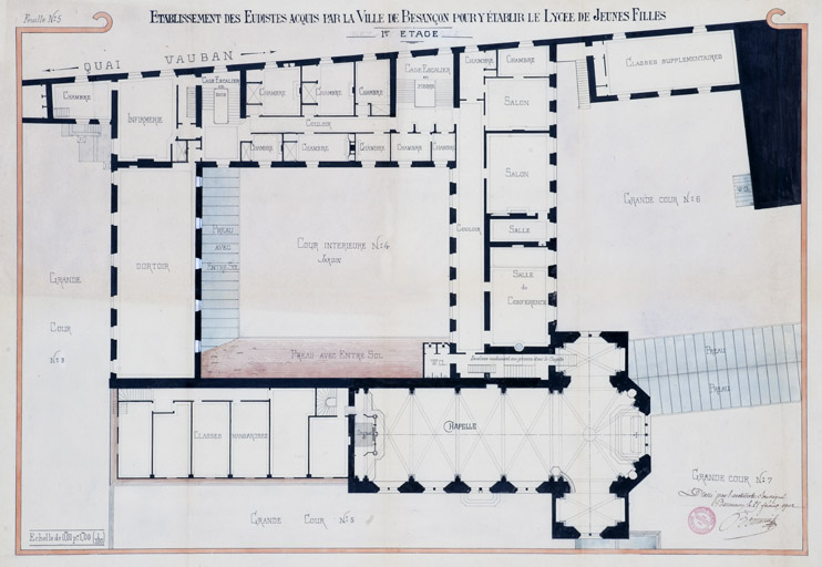 Plan du premier étage de l'établissement des Eudistes acquis par la ville de Besançon pour y installer le lycée de jeunes filles. Dessin aquarellé, 1902.