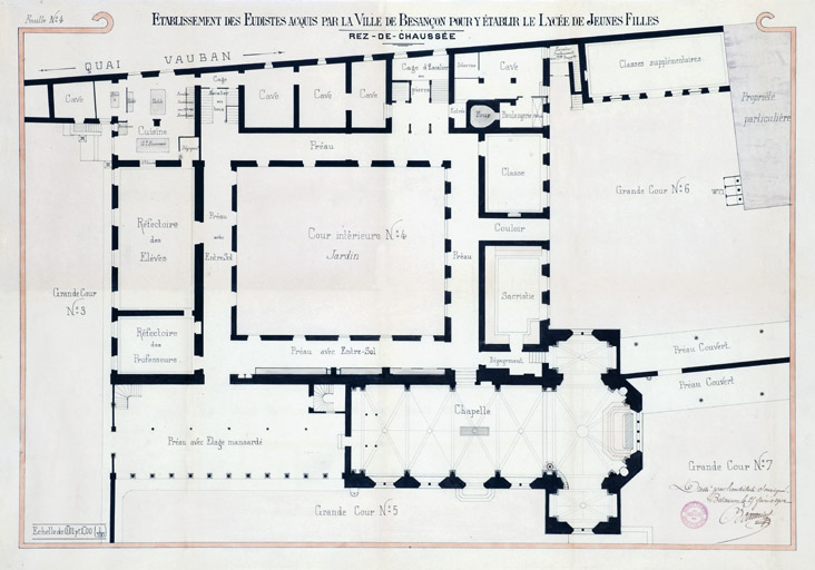 Plan du rez-de-chaussée de l'établissement des Eudistes acquis par la ville de Besançon pour y installer le lycée de jeunes filles. Dessin aquarellé, 1902.