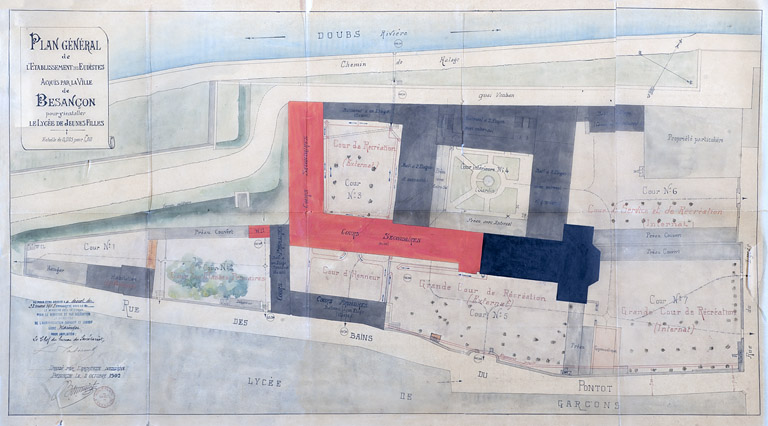 Plan général de l'établissement des Eudistes acquis par la ville de Besançon pour y installer le lycée de jeunes filles. Dessin aquarellé, 1902.