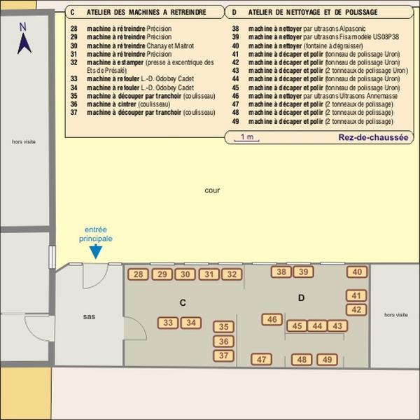 Ateliers des machines à rétreindre, et de nettoyage et de polissage : schéma de distribution des machines.