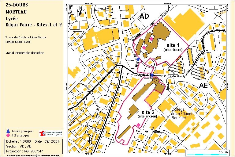 Plan de situation. Source : Direction générale des Finances Publiques - Cadastre ; mise à jour 2012, sections AD et AE, échelle 1:1 000 réduite à 1:3 000.