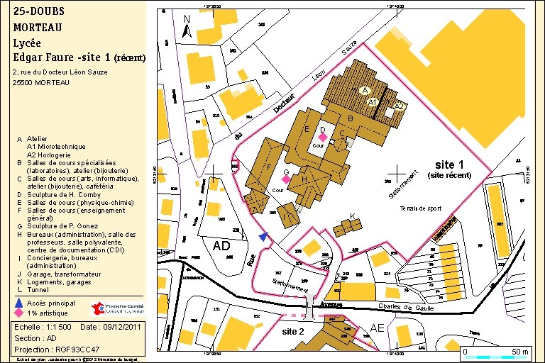 Site récent (partie nord) : plan-masse. Source : Direction générale des Finances Publiques - Cadastre ; mise à jour 2012, section AD, échelle 1:1 000 réduite à 1:1 500.