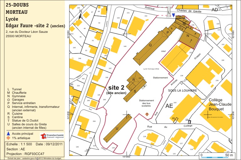 Site ancien (partie sud) : plan-masse. Source : Direction générale des Finances Publiques - Cadastre ; mise à jour 2012, section AE, échelle 1:1 000 réduite à 1:1 500.