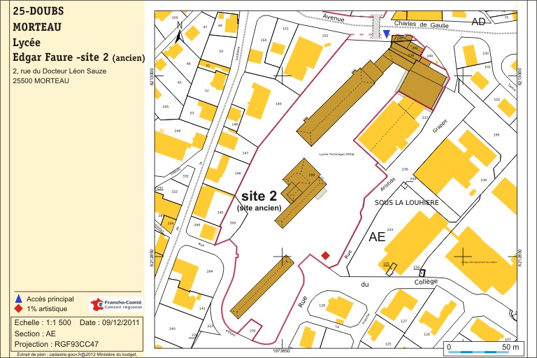 Plan de localisation. Source : Direction générale des Finances Publiques - Cadastre ; mise à jour 2012, section AE, échelle 1:1 000 réduite à 1:1 500.