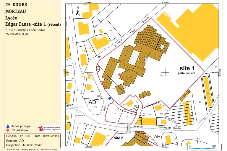 Plan de localisation. Source : Direction générale des Finances Publiques - Cadastre ; mise à jour 2012, section AD, échelle 1:1 000 réduite à 1:1 500.