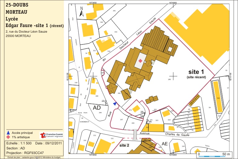 Plan de localisation. Source : Direction générale des Finances Publiques - Cadastre ; mise à jour 2012, section AD, échelle 1:1 000 réduite à 1:1 500.