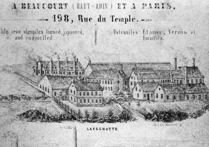 [Vue cavalière de l'usine de Lafeschotte]. Catalogue Japy Frères, 1852.