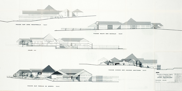 Région de Franche-Comté. District de Morteau. Lycée polyvalent de Morteau. APS. Façades, coupe. 1985. 