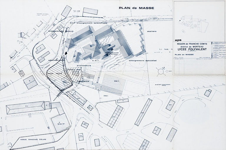 Région de Franche-Comté. District de Morteau. Lycée polyvalent de Morteau. APS. Plan de masse. 1985.