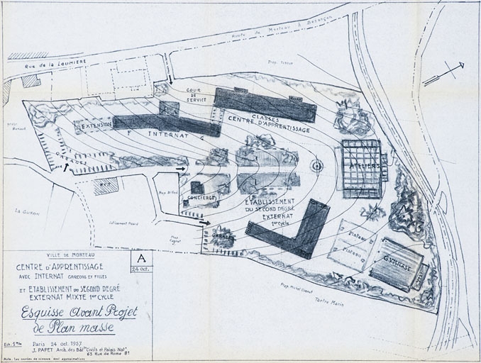 Ville de Morteau. Centre d'apprentissage avec internat garçons et filles et établissement du second degré externat mixte 1er cycle. Esquisse avant-projet de plan masse. A. 1957.