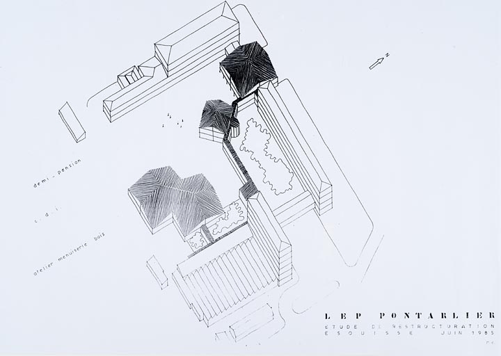 LEP Pontarlier. Etude de restructuration. Esquisse [axonométrie]. Juin 1985.