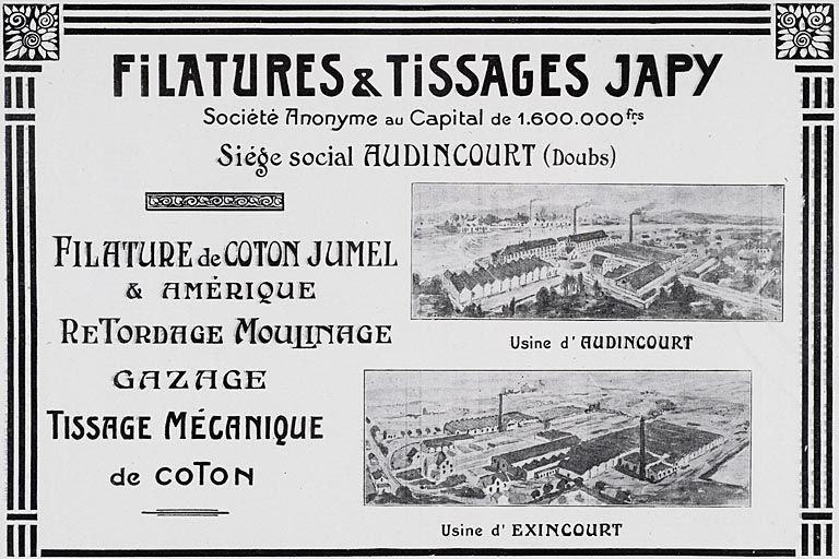 Filatures et tissages Japy [vue cavalière des usines d'Audincourt et d'Exincourt]. Dessin, s.n., s.d. [1923].
