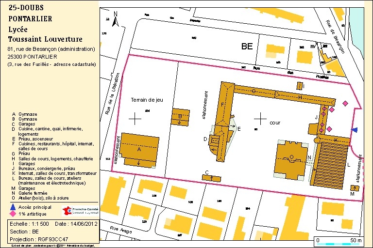 Plan-masse et de situation. Source : Direction générale des Finances Publiques - Cadastre ; mise à jour 2012, section BE, échelle 1:1 000 réduite à 1:1 500.