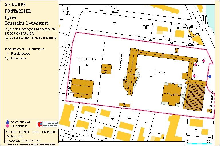 Plan de localisation. Source : Direction générale des Finances Publiques - Cadastre ; mise à jour 2012, section BE, échelle 1:1 000 réduite à 1:1 500.
