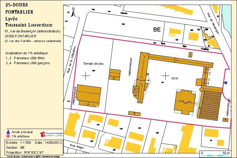 Plan de localisation. Source : Direction générale des Finances Publiques - Cadastre ; mise à jour 2012, section BE, échelle 1:1 000 réduite à 1:1 500.
