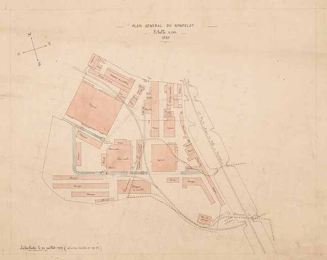 Plan général du Rondelot. Plan, encre, lavis, échelle 1/1000, 1937, Lafeschotte.