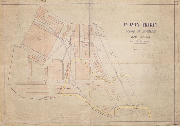 Ets Japy Frères. Usine du Rondelot - Plan général et conduite à vapeur. Plan, tirage, s.n., échelle 1/500, septembre 1935.
