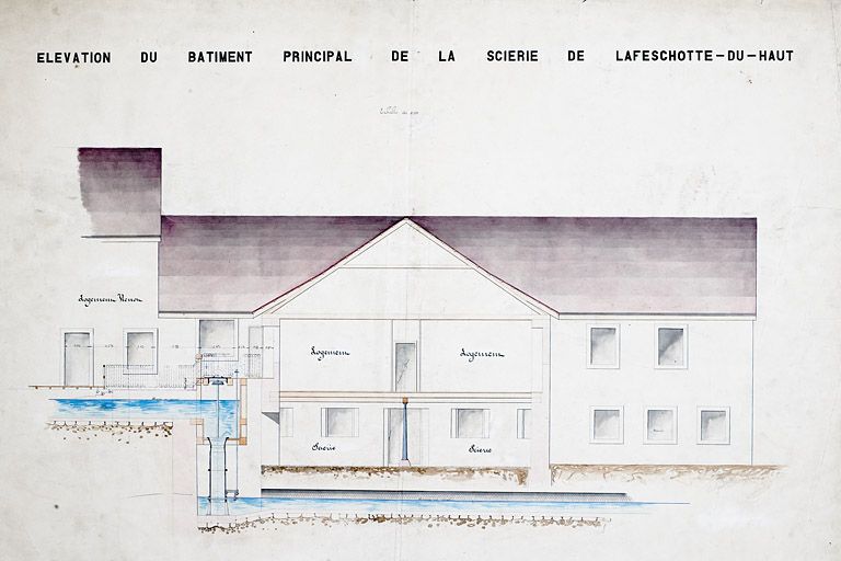 Elévation du bâtiment principal de la scierie de la Feschotte du Haut. Plan, encre, lavis, échelle 0,03/m, s.d. [fin 19e siècle].
