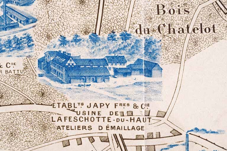 Plan monumental des grandes usines [...]. Usine de Lafeschotte du Haut. Ateliers d'émaillage Japy Frères et Cie [détail]. Dessin, s.d. [début 20e siècle].
