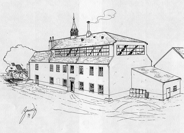 Vue de trois quarts de l'usine. Dessin, par Bernardin, 1994.